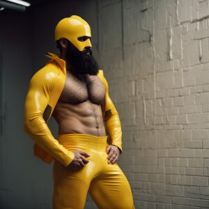 The image depicts a muscular man bearded hairy chest beefy stand...