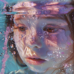 A young girl with pastel pink skin is shedding crystal tears ben...