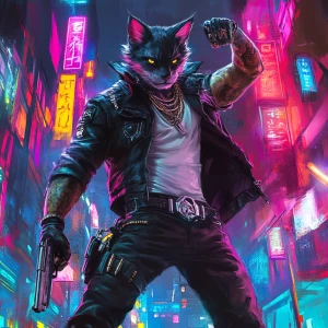 A humanoid cat character, with a rugged appearance, positioned i...