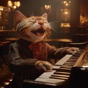 A photorealistic image of an anthropomorphic cat playing a piano...