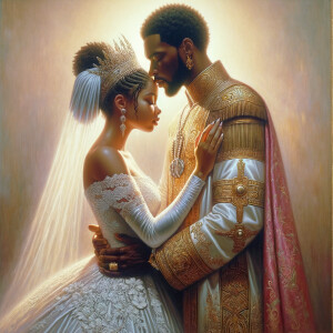 Imagine a hyper-realistic oil painting that captures a tender moment between theAfrican American bride and her God. The setting is intimate and filled with soft, warm lighting that enhances the emotional depth of the scene. The bride, in herexquisite wedding gown, shares a heartfelt embrace with her african-American Lord Jesus , who is dressedin an elegant outfit that complements the wedding's color scheme. Their expressions are full of love, pride, and joy, reflecting the special bond between them. Theattention to detail is paramount, from the intricate designs of their dresses to the subtle emotions conveyed in their facial expressions. The background is a blur ofgentle pastel hues, ensuring that the focus remains on this touching moment. Thispainting should convey the warmth, love, and depth of the relationship, with the rich textures and vibrant strokes characteristic of oil paintings, capturing the essence of this significant pre-wedding moment.