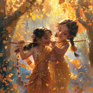 Illustrate a photo like image of young Krishna and Radha playing...