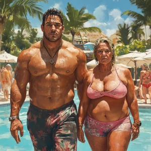 Realism art, a muscular, sweaty dangerous man walking alongside...