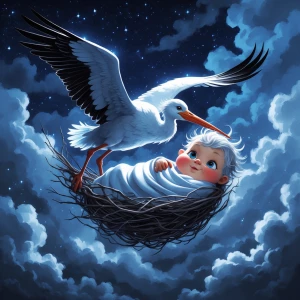 "High above the sleeping city, a colossal stork glides through t...