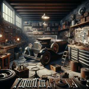 Garage with a car and fool of tools and spareparts