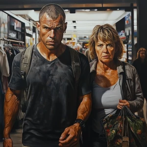 Realism sharp detailed painting.A muscular, sweaty man walking...