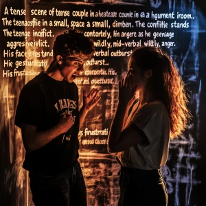 “A tense scene of a teenage couple in a heated argument inside a small, dimly lit room. The confined space intensifies the conflict. The teenage male stands aggressively, his face contorted in anger as he gestures wildly, mid-verbal outburst. His frustration dominates the space, while the teenage female has her back to him, creating a stark emotional and physical divide. Her shoulders are slumped, hands covering her face, partially hiding her tears, symbolizing deep sadness. Dramatic lighting casts harsh shadows, emphasizing the pain and distance between them. The atmosphere is thick with raw emotion, capturing the turmoil of a strained relationship and the impact of hurtful words.” Make without captions