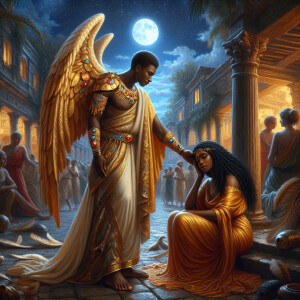 Create an oil painting image featuring a male angel and a grievi...