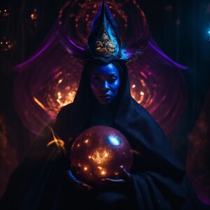 A mythical magical voodoo alien queen wearing her magic dark rob...