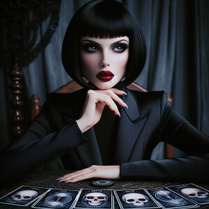 a photo of a stunningly beautiful woman with dark black bobbed h...