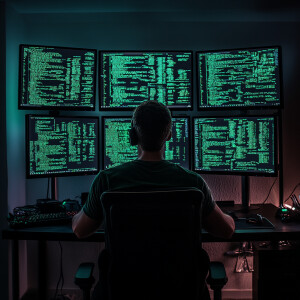 Create a picture of a dark room where the camera lens is behind...