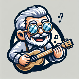 Happy old man playing guitar and singing but add black and gold...