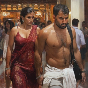 realistic painting 1:1,A sweaty beefy man walking with his 54 ye...