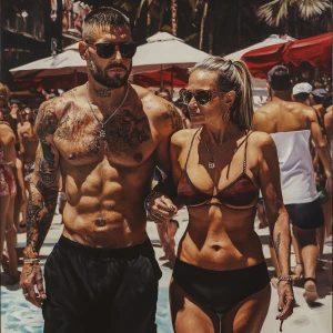 Hyperrealistic painting,a pool party new york summer resort,a mu...