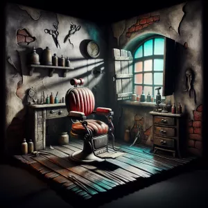 A dark, claustrophobic yet colorful barber shop located on the s...