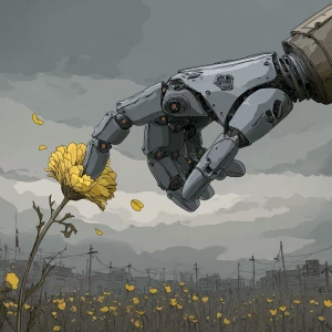 the robot's metal finger touches the yellow petals of the flower...