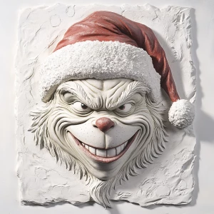 Hyper-detailed bas relief of the grinch wearing a santa hat, wit...