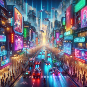 In an electrifyingly vibrant cyberpunk cityscape, a holographic...