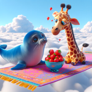 A little blue sea Seal and giraffe eating both a bowl of strawbe...