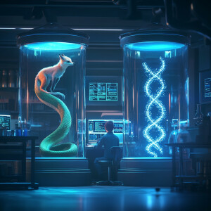 Design a futuristic laboratory scene in a realistic 3D-rendered...