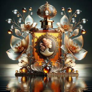 Craft an intricate digital artwork featuring an elegant perfume...