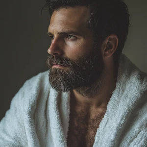 Silver man beard hairy chest white bathrobe