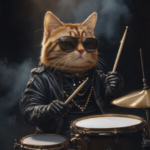 A full-body image of a cat dressed in sunglasses and a black lea...