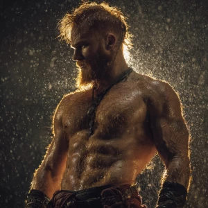 20-year-old man, blond-ginger hair color, chest hair, in the rai...