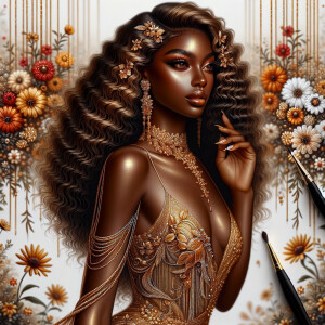 Create a realistic airbrushed illustration of an alluring black...
