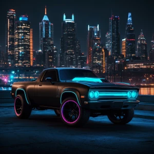 Futuristic cyberpunk muscle car with hood scoop, neon lights, ma...
