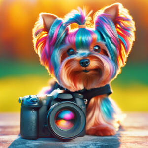 Colorful yorkie holding a camera