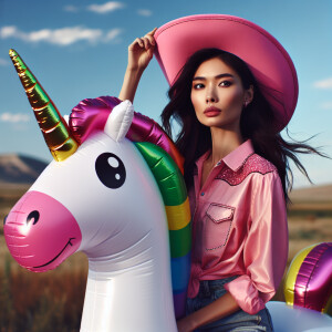 Photorealistic image. cowgirl in pink hat riding something funny...