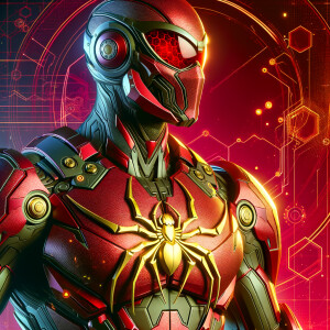 Advanced Combat Iron Spider Armor with a golden spider emblem, red base color, utilizing nanotech. A male full-body shot and render, in Marvel style with influences from Artgerm. The art should be realistic, capturing fine details of the intricate armor design. The color palette includes a vibrant red base with a striking golden emblem. The atmosphere exudes a sense of dynamic energy, showcasing the technological prowess of the suit. Lighting emphasizes the reflective surfaces of the nanotech.