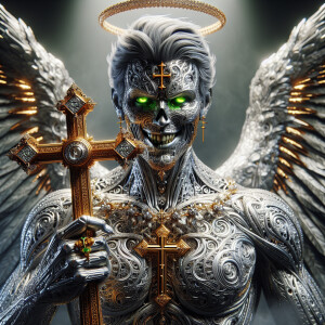 a highly-detailed  Angel  with vibrant silver intricate  skin, n...