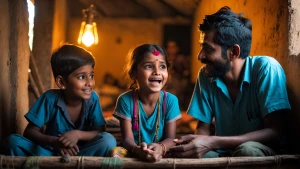 A young Indian village girl excitedly shares an idea with her fa...