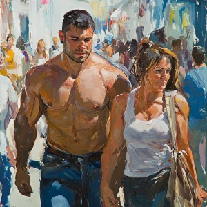 Illustrative painting.A man  muscular beefy sweat walking with h...