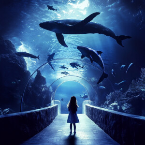 Aquarium, whales swimming overhead, a little girl admiring, scho...
