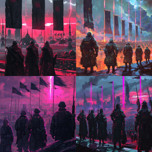 Generate a picture of 5 Muslim army generals with their backs sh...