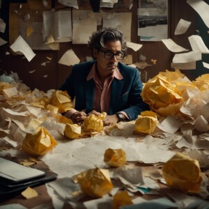 A writer showing signs of frustration sits at a cluttered desk,...