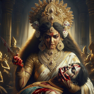 portrait of angry looking goddess durga  carrying a weak mahishasur in her arms and poking him with her amazingly long red fingernails. She is wearing a huge gold crown, white saree, abundant  gold jewelry, covered in blood. The scene is set in ancient India. The image is 8K resolution, cinematic, ultra detailed face and epic.