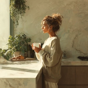 Soft morning light in a modern kitchen, a relaxed woman in casua...