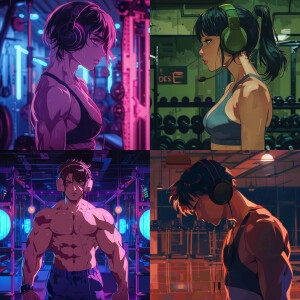 Anime muscle character, wearing headphones a the night atmospher...