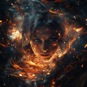 Create an ultra-realistic digital art of a cosmic witch facing t...