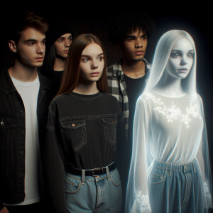 Two girls and two guys standing in a dark room noticed the ghost...