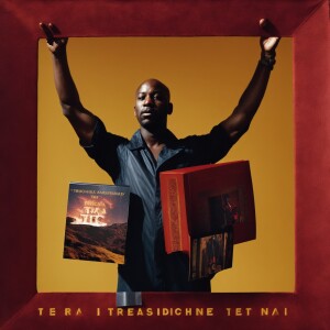 A bald African American man holding up the album cover of 'Texas...