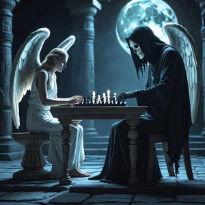 Grim Reaper is sitting at a table playing chess  against an ange...