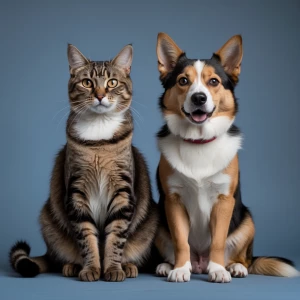 Create an image of a cat and dog sitting side by side, displaying a sense of companionship between the two animals.