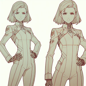 1990s anime screencap, girl a plugsuit, standing with hands on h...