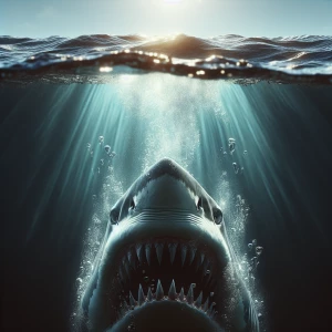 Ultra-realistic, dramatic frontal view of a massive shark with its jaws wide open, revealing rows of razor-sharp teeth. The camera is half-submerged, perfectly splitting the image—above the waterline, the sharks’s intense, piercing eyes stare directly ahead, with water droplets on its rough, scaly skin. Below the waterline, its powerful open mouth is fully visible, showing sharp teeth and a dark throat, with tiny air bubbles escaping. The waterline is sharply defined, creating a split view of the murky underwater world and the bright, natural  scenery above. Sunlight refracts through the water, casting a cinematic glow. Highly detailed, National Geographic photography style, 8K resolution, hyper-realistic textures, dramatic lighting, intense and suspenseful atmosphere."