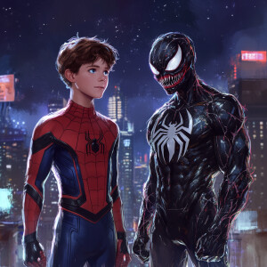 Two boys standing next to each other under a starry New York nig...